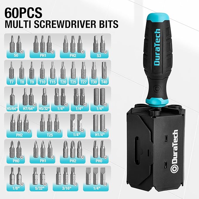 DURATECH Screwdriver, Multi-Function Screw Driver Set with 60 Replaceable Cr-V Bits(Flat, Phillips, Torx, Hex, Square), All in One Screwdrivers with Rolling Barrel Bits Holder