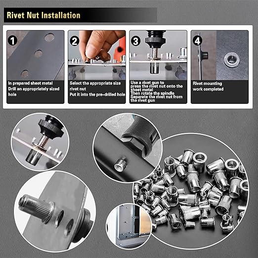 Stainless Steel Rivet Nut Tool Kit 750 Pcs 304 Stainless Steel Rivet Nut Combination, Suitable for Furniture, Decoration, Automotive, Marine and Industrial Applications
