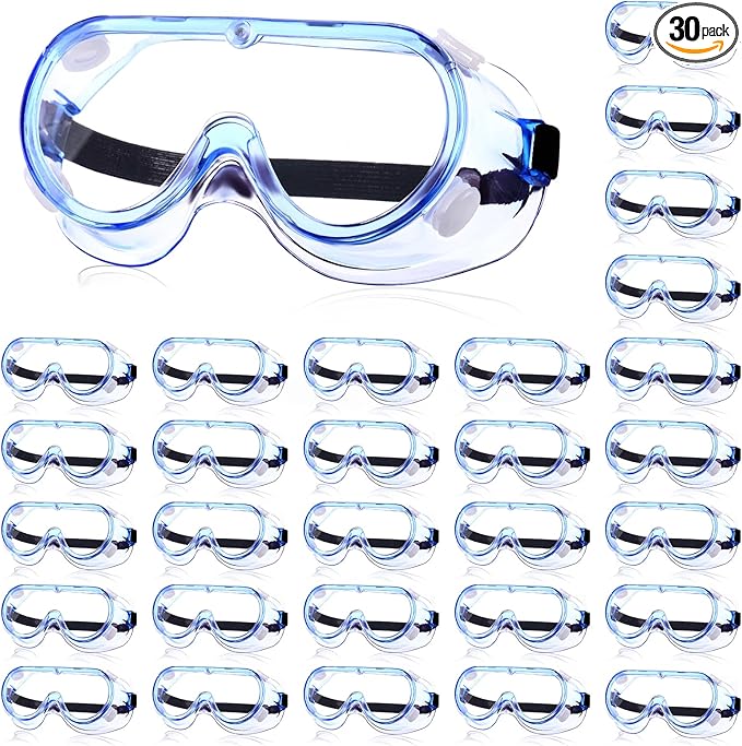 Yunsailing 30 Pack Protective Safety Goggles Clear Lab Over Glasses Anti Fog Eye Protection Goggles for Men Women(Clear Blue)