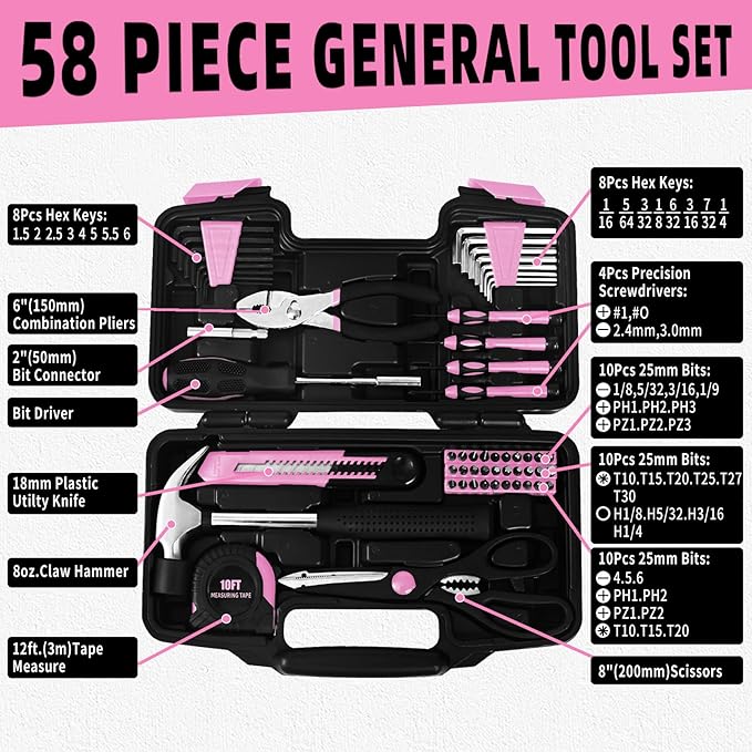 58-Piece Pink Tool Kit Basic Home Repair Tool Set, General Household Hand Tool Kit,Small Tool Kit with Plastic Toolbox Mini Tool kit for Women, Office & College Repairs