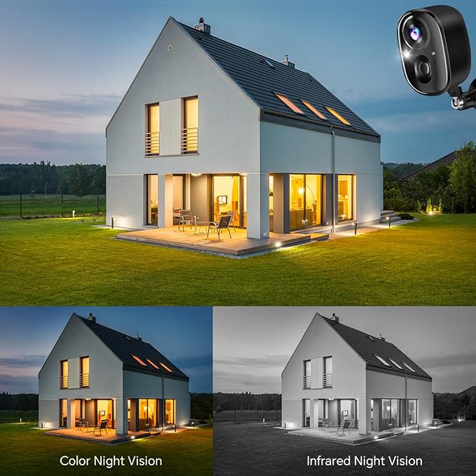 Security Camera Wireless Outdoor 2K Battery Powered Full Color Night Vision WiFi Indoor Camera 2-Way Talk Motion Detection Spotlight Alarms SD/Cloud Storage for Home Security Yard Kids Pets Waterproof