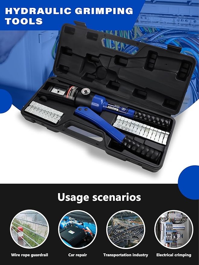 AMZCNC Industrial Hydraulic Cable Lug Crimper (16 TON) 9 AWG to 600 MCM Electrical Terminal Cable Wire Tool Kit with 13 Die Sets
