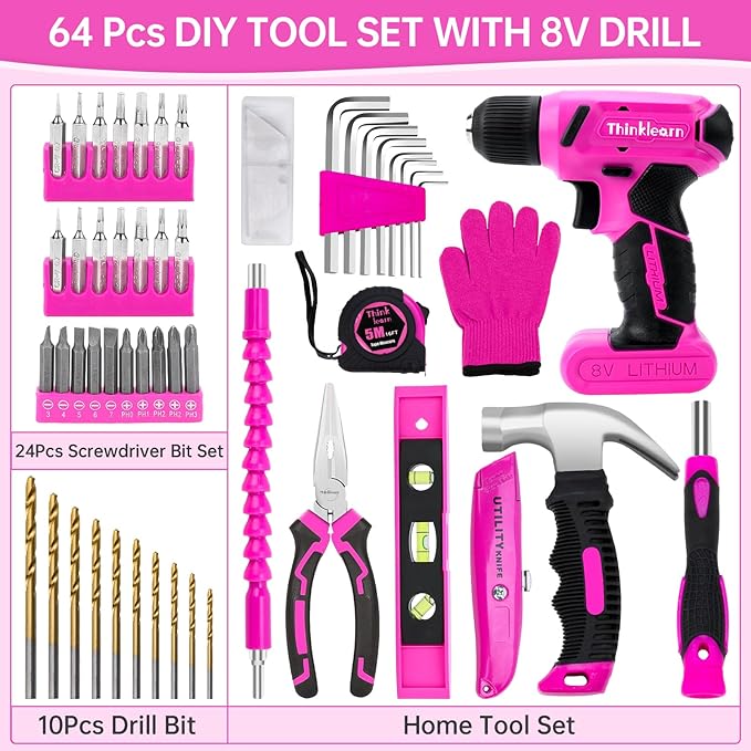 8V Pink Cordless Drill Set, 64 Pcs Pink Power Drill Tool Kit for Women, 3/8"Keyless Chuck Electric Screwdriver Driver Kit for Home DIY and Repair, USB Charger and Storage Box Included