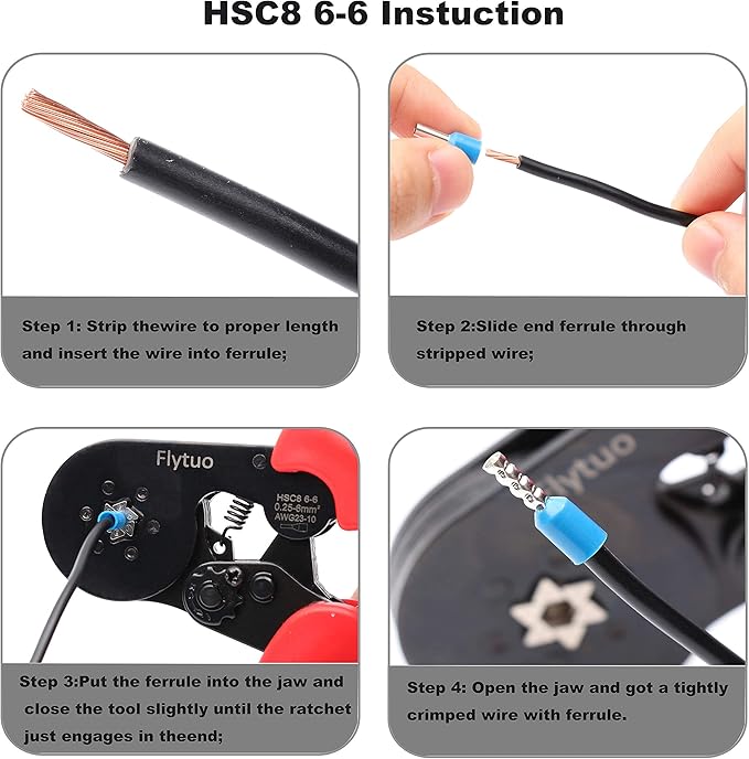 Hexagonal Crimping Tool, AWG23-10 HSC8 6-6 Self-adjusting Ratchet Wire Ferrule Crimper Plier for Wire Terminals Cables End-sleeves