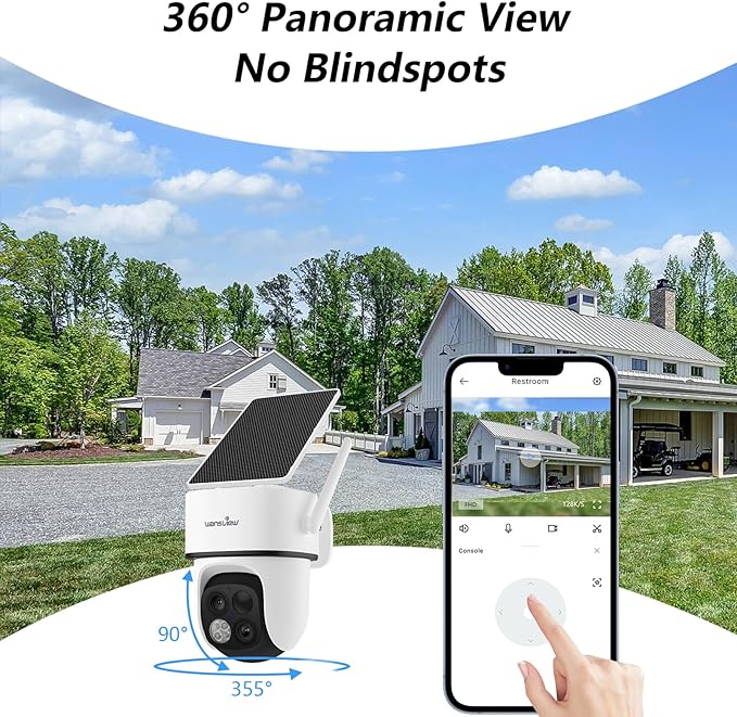 wansview Security Cameras Wireless Outdoor-2K Dual Lens Home Security Cameras, 360° View, Solar Panel Battery Powered, Color Night Vision, PIR Sensor, IP65 Waterproof, Work with Alexa, B7 2P White