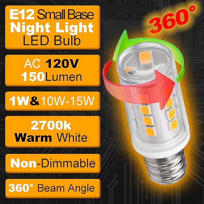 E12 LED Candelabra Base Night Light Bulb 1 Watt Equivalent 10W 15W, AC120V 150lm 2700K Warm White C7 E12 Small Bulbs for Salt Lamp Appliance Bulb Decorative String Lights, Non-dimmable, 4 Pack