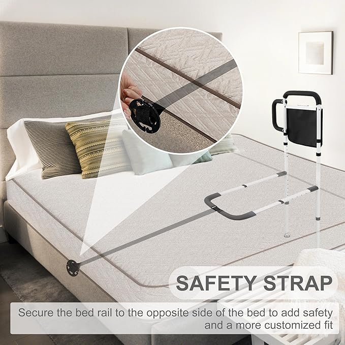 RELIANCER Bed Safety Rail for Elderly Adults w/Support Leg & Motion Light,Dual Handle Assist Grab Bar for Seniors,Adjustable Bedside Support Railings,Bed Side Assist Guard Rail,Bedside Hand Guard Bar
