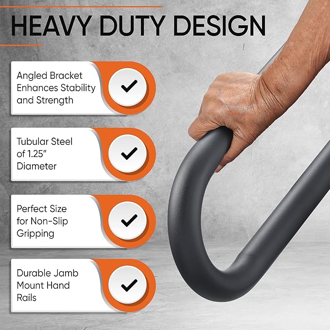 Hold Tight Handrails Steel Jamb-Mount Handrail - Heavy Duty Stair Railing for Decks, Porch, Mobile Homes, Short Stairway - Weatherproof & Non-Slip Powder Coated Finish - [Right Handed], [18"], [Black]