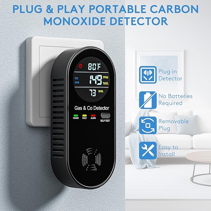 4-in-1 Natural Gas and Carbon Monoxide Detectors Plug in CO Monitor with Temperature and Humidity Display Portable CO Detector for Travel,RV,Home
