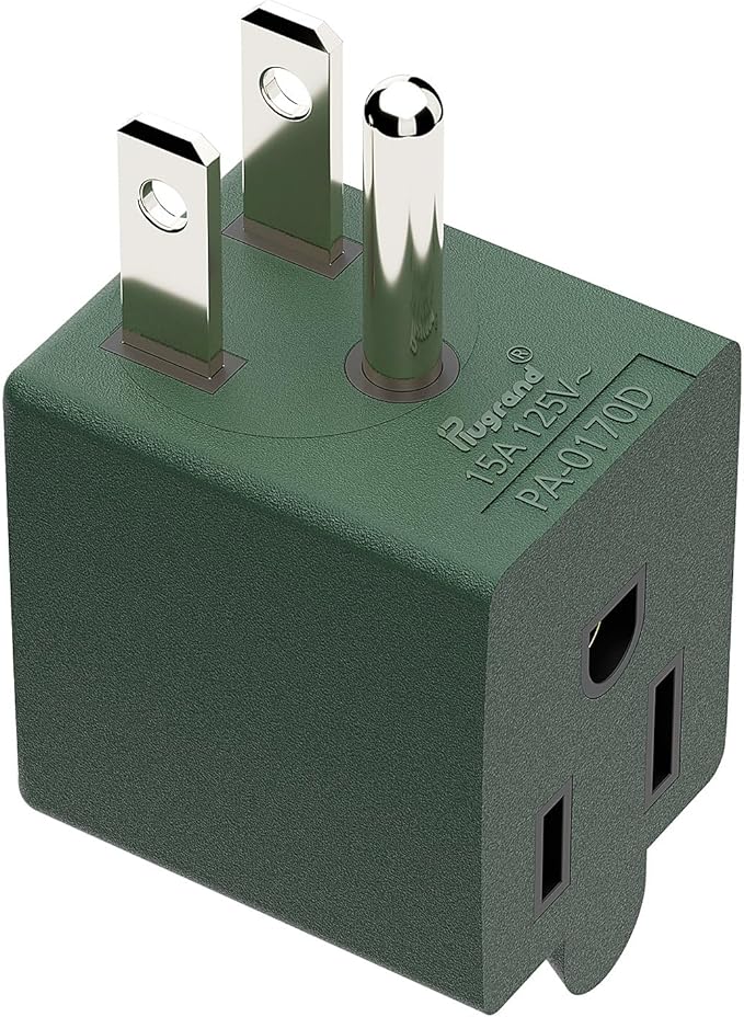 90 Degree Adapter Downward Angle USA 3-Prong Male-Female Adapter,90 Degree Angled USA Male Female Power Adapter, 5-15P to 5-15R Direction Changer Space Save Adapter Green PA-0170DG