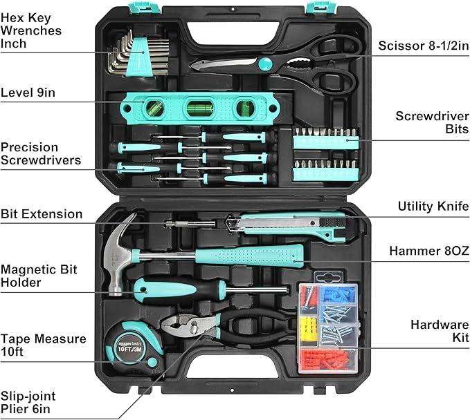 Amazon Basics Household Tool Kit With Storage Case, 142 Piece, Turquoise, 13.39 x 9.25 x 2.95 inch