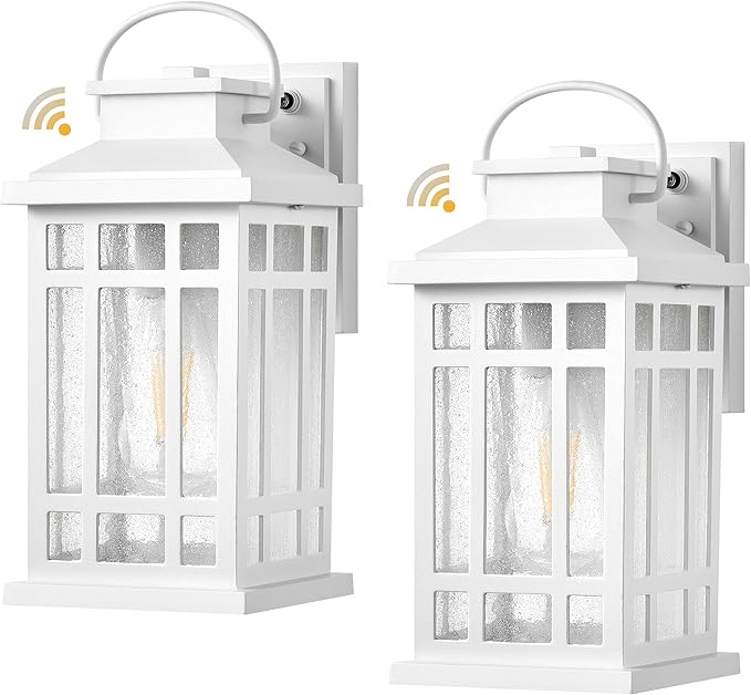 White Dusk to Dawn Outdoor Lighting 2-Pack, Outside Wall Lights with Seed Glass, Outdoor Light for House, Garage, Garden, Entryway, Doorway, 100% Aluminum Waterproof and Anti-Rust, E26 Socket