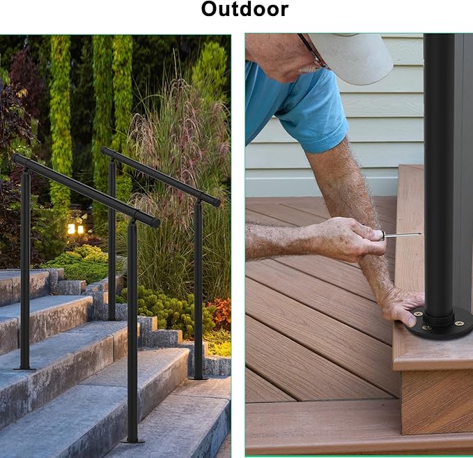 2 Pack Handrails for Outdoor Steps,2 to 3 Steps HandRail Outdoor Stair Railing, Metal Porch Railing, Deck Hand Rail, Black Wrought Iron Railing with Installation Kit for Concrete Steps