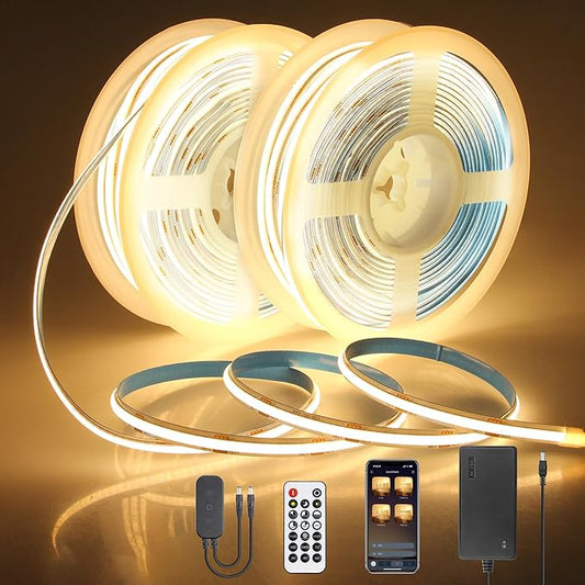 131.2FT 24V COB Led Strip Lights 3000K Dimmable LED Light Strips with Remote Warm White 480LED/M Hight Density Flexible COB LED Tape Light for Bedroom Cabinet Stairs Corridor(40M/2roll)