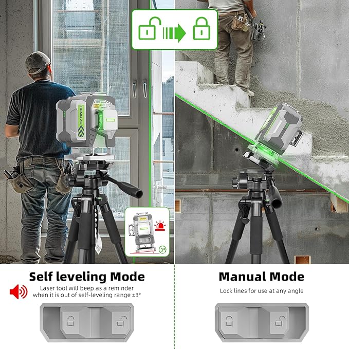 Laser Level, 3x360° Self Leveling Green Tiling Level Laser Tool, 3D Cross Line Laser Level Tool, High Accuracy Floor Laser with 8000mAh Li-ion Battery, Remote Control & Hard Carry Case