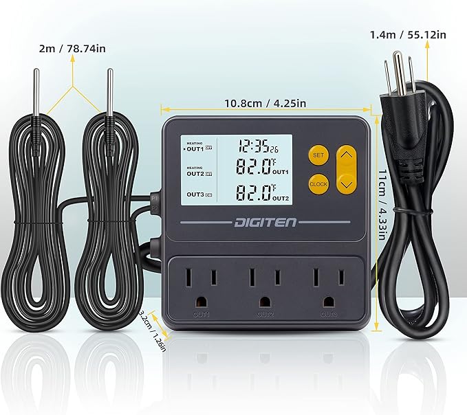 DIGITEN Reptile Temperature Controller with Timer Day-Night,3-Stage Outlet Thermostat Cooling Heating Mode Temperature Controlled for Ball Pythons,Mushroom,Fermentation,Bearded Dragon