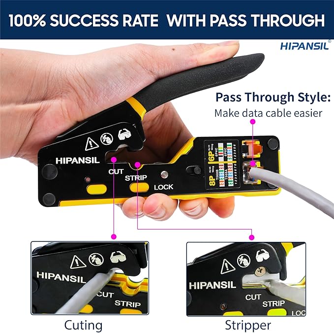 RJ45 Crimp Tool, Ethernet Crimper Tool Kit – ALL IN ONE Pass Through Network Cable Tool for Cutting, Stripping & Crimping Cat5/Cat6 RJ45 RJ11 RJ12 – Ideal for Home DIY & IT Technicians