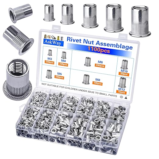 Rivet Nuts 1100 PCS, Metric Insert Rivet Nut Combination Kit, Aluminum Flat Head Thread Insert Rivet Nuts, Suitable for Automotive, Furniture Decoration, Sheet Metal Assembly and Industrial Products