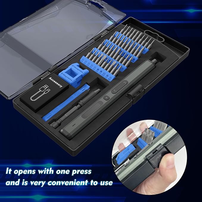 Blue Mini Electric Screwdriver - 50 in 1 Electric Screwdriver Kit Aluminum Square Handle with 3 LED Lights, Speed Adjustment, Hand Power Switch, Strong Magnetic Bits for Electronics Repair