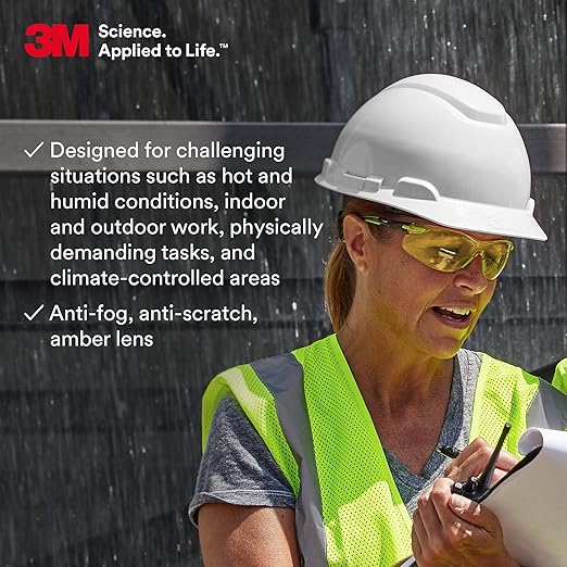 3M Safety Glasses, Solus 1000 Series, ANSI Z87, Scotchgard Anti-Fog, Amber Lens, Green/Black Frame