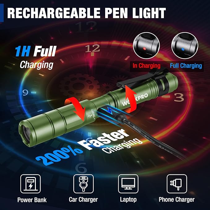 WORKPRO Rechargeable Pen Light, Mini Flashlight, 2 Pack Ultra-Compact EDC Flashlight, Pocket Flashlight with Clip, Memory Function and 2 x USB C Cable Included, Green
