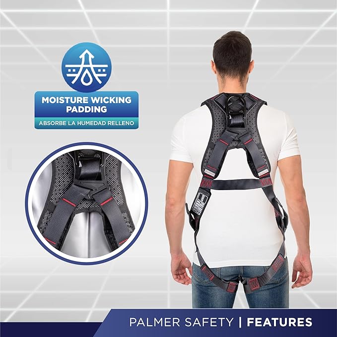 Palmer Safety Full Body Harness with 5 Point Adjustment, Dorsal D-ring, Grommet Legs, Two Side D Rings, and Fall Indicators