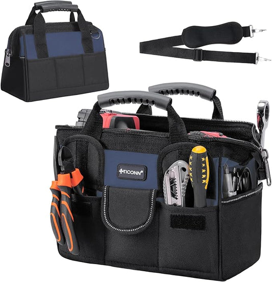 TICONN Heavy Duty Tool Bag with Multi-Pockets, Portable Tool Box Organizer Storage Bag, with Adjustable Shoulder Strap and Ergonomic Handle (Blue, 12" Standard Base)