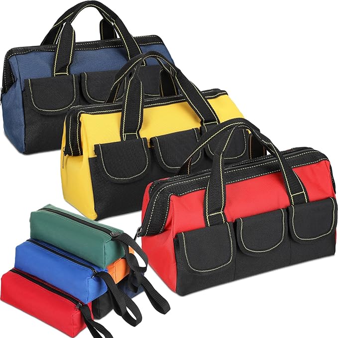 Sanwuta 9 Pcs Tool Bag for Men 3 Heavy Duty Wide Mouth Tool Bags and 6 Small Waterproof Pouch Tote for Electrician Carpenter Mechanic Father's Day Christmas Gifts(16 Inch,Blue Red Yellow)