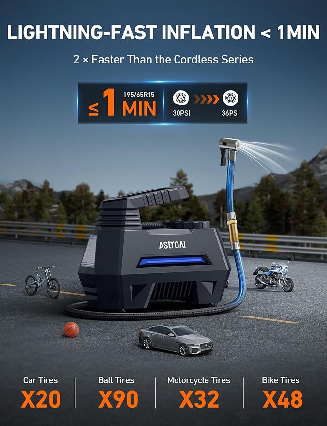 AstroAI Tire Inflator Portable Air Compressor Air Pump for Car Tires-Car Accessories, 9.8Ft Cord-12V DC-Powered Auto Pump with Digital Pressure Gauge, Emergency LED Light for Bicycle, Balloons, Blue