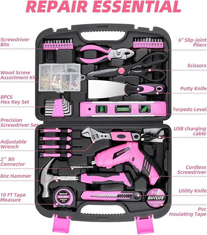 Pink Power-Screwdrivers Tool Set for Women,3.6V Power Screwdriver Cordless Rechargeable Tool Kit 143-Piece Electric Screwdriver Cordless Tool Set Pink 143PCS Tool Box