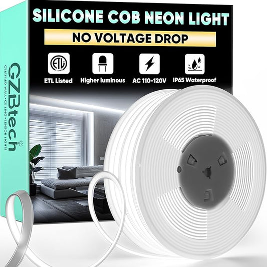 GZBtech Silicone COB Neon Rope Lights 100FT/30M, 6000K Super Bright Cold White Waterproof Neon Strip Light, AC 110-120V Flexible Soft Cuttable Tape Rope Lighting for Indoor Outdoor Home Commercial