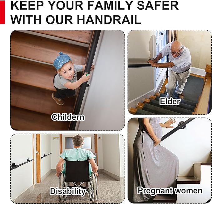 SCIEO Stair Railing Indoor, 11.4FT Staircase Handrail Wall Mount Hand Rail for Indoor & Outdoor Steps, Industrial Pipe Stair Handrails Grab Bar Metal Galvanized Steel Hand Railing for Stairs Steps