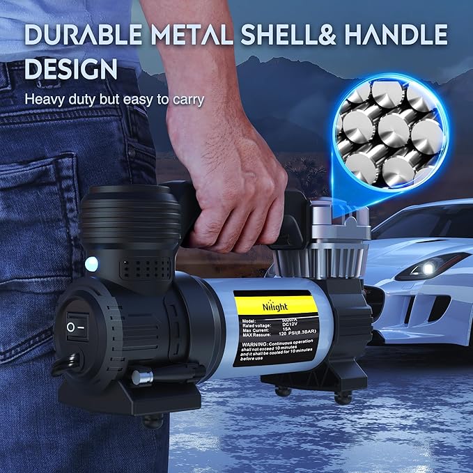 Nilight Portable Air Compressor Tire Inflator 12V Heavy Duty 120PSI Metal Pump Double Cylinder Digital Pressure Fast Inflate Auto Shutoff for Car SUV Motorcycle