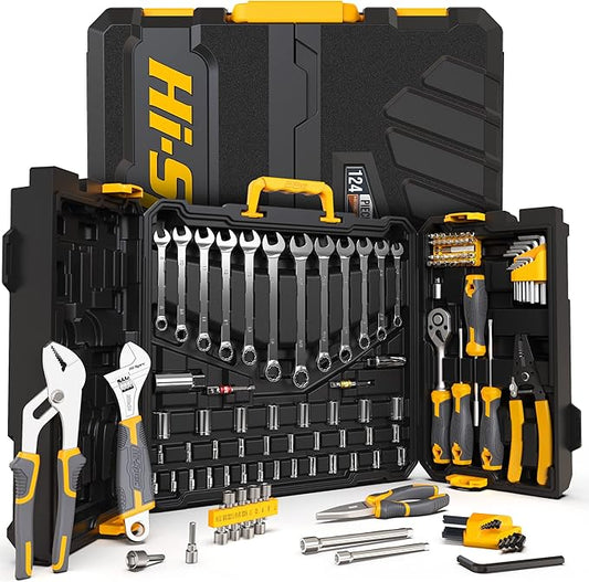 Hi-Spec 124piece Home & Garage Mechanics Tool Set, Socket Wrench Tool Sets for DIY Repairs with Plastic Storage Case