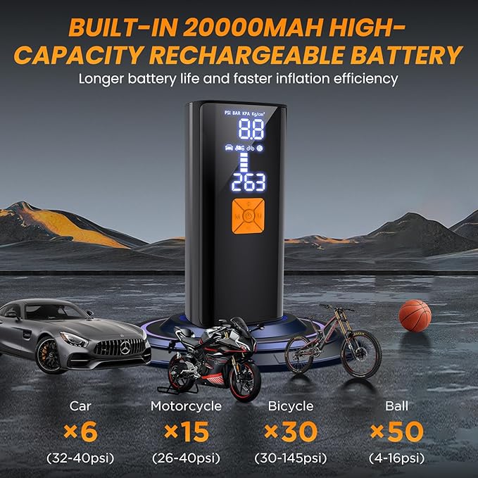 Tire Inflator Portable Air Compressor,Tire Inflators Portable Cordless Air Pump with Gauge for Car tires 20000mAh and 150PSI Digital LCD for Car,Motorcycle,Bike Tires and Balls