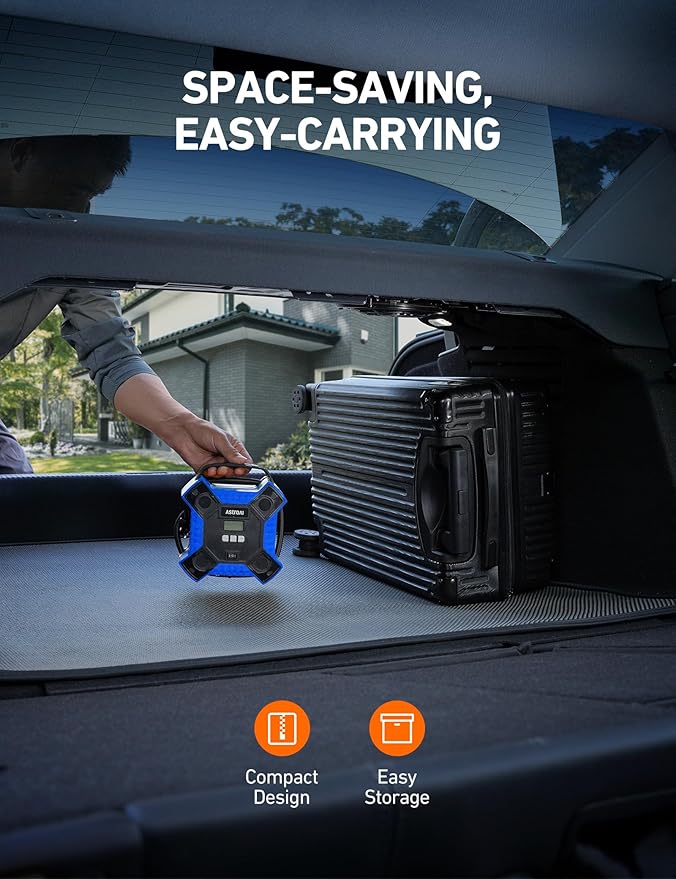 AstroAI Air Compressor Tire Inflator Portable Air Pump for Car Tires, 12V DC Integrated Metal Structure Tire Pump 160PSI with LED Light for Cars, Bicycles, Motorcycles, and Other Inflatables(Blue)