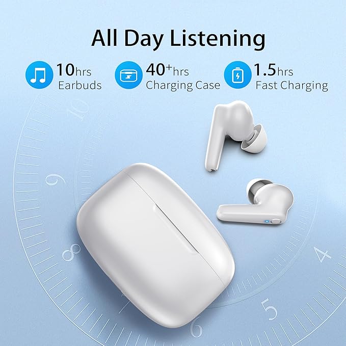 Wireless Ear Buds Bluetooth 5.3 60H Using Time Headphones Deep Bass Clear Call Earbuds with Built-in Mic Touch Control Lightweight Headsets for Studying Working Gaming White