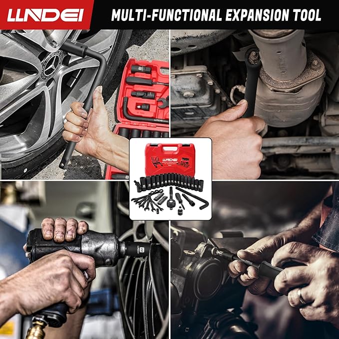 LLNDEI 1/2" Dr. Ratchet Impact Socket Wrench Set,Deep Sockets(8-24mm),Spark Plug Socket(16,21mm),49PCS, CR-V, Metric, With Combination Wrenches (8-17mm)