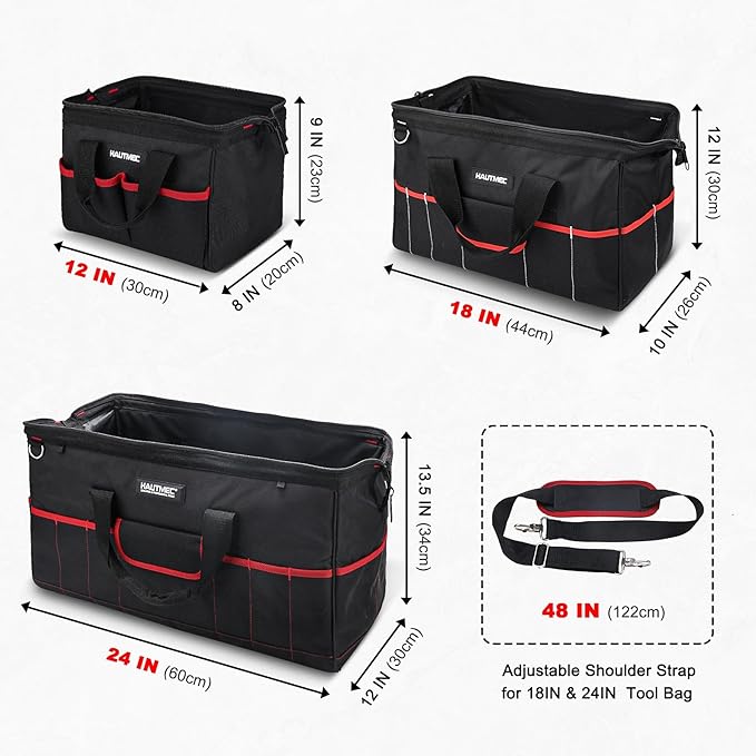 HAUTMEC 3 Piece Large Tool Bag Set, Heavy Duty 1680D Wide Mouth Tool Bags with Padded Shoulder Strap, Non-Slip Base, Double Zipper & Organiser Pockets – 12”, 18”, 24” Sizes – HT0297