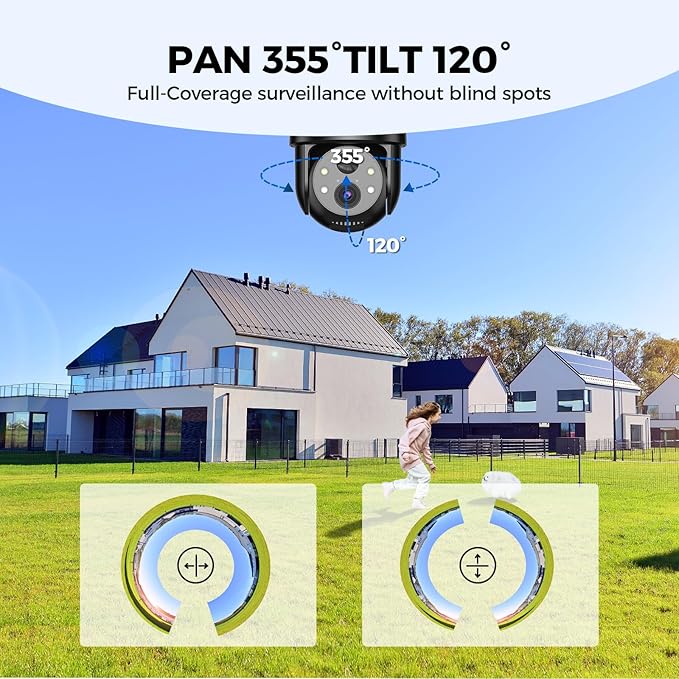 2K 2.4g WiFi Security Cameras Wireless Outdoor, 360° View Solar Cameras for Home Security, Color Night Vision, AI Detection, 2-Way Audio, Spotlight Siren Alarm, SD/Cloud Storage