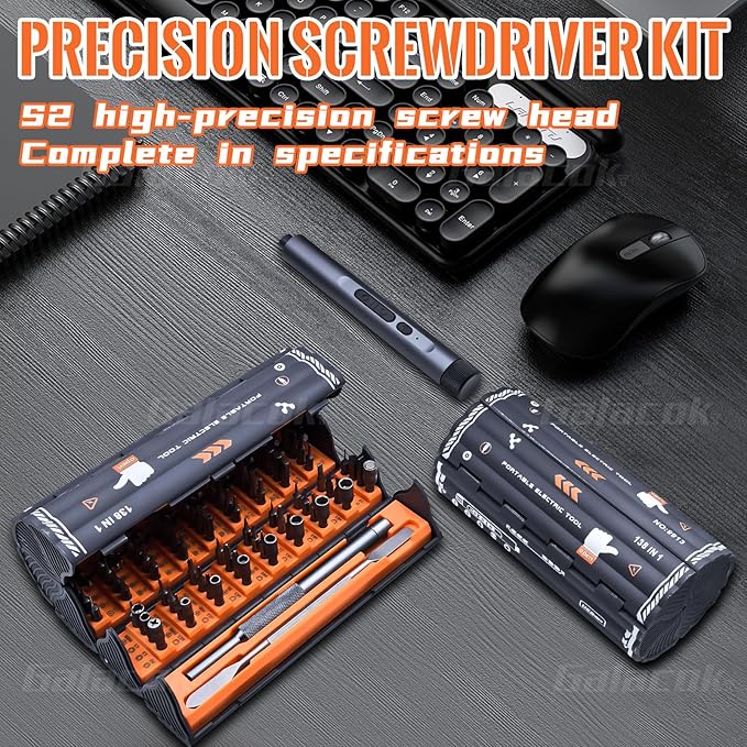 3.7V Mini Electric Screwdriver, 138 in 1 Cordless Screwdriver Rechargeable, 120 Magnetic S2 Steel Bits,Repair Tool Kit with LED Light, Pry Bar, Suitable for Electronics, Phone, Camera, Watch (Orange)