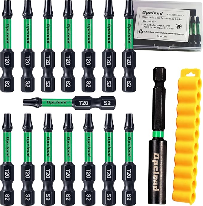 T20 Impact Screwdriver Bit Set, 16 Pieces 2”S2 Steel Magnetic #20 Torx Tips Driver Power Bit Set with Extension Impact Bit Holder
