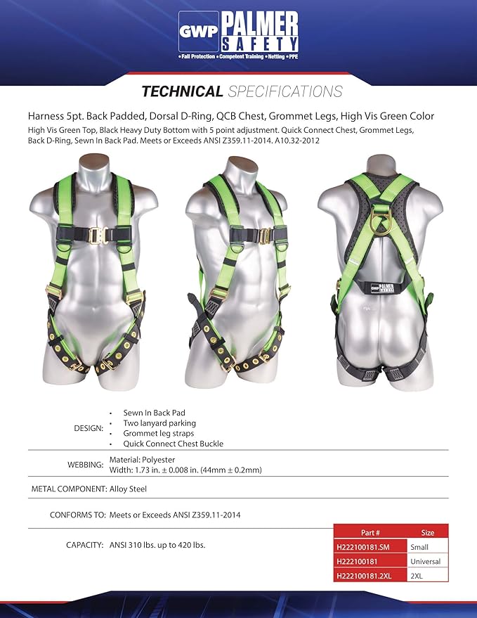 Palmer Safety Full Body Harness with 5 Point Adjustment, Dorsal D-ring, Grommet Legs, Two Side D Rings, and Fall Indicators