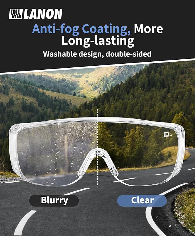 LANON 3 Pack Safety Glasses Over Eyeglasses,ANSI Z87.1 Standard,Anti-Fog & Scratch,Peripheral Protection, High Transmission,Anti-UV,Wrap Around Clear Safety Goggles