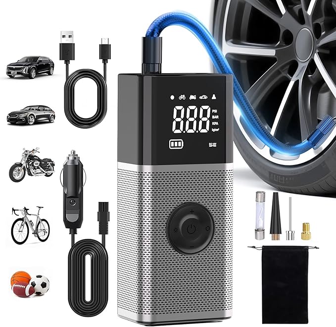 Tire Inflator Portable Air Compressor,150PSI Air Pump for Car Tires with Rechargeable Battery & Tire Pressure Gauge,5X Faster Portable Tire Inflator for Car, Motorcycle, Bike, Ball