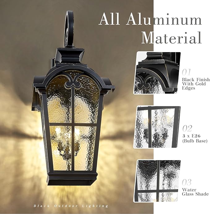 Emliviar 48 Inch Vintage Outdoor Light Wall Mount, 3-Light Extra Large Exterior Light Fixture for Porch with Water Glass Shade, Black Finish with Gold Edges, WE215B-XB BG