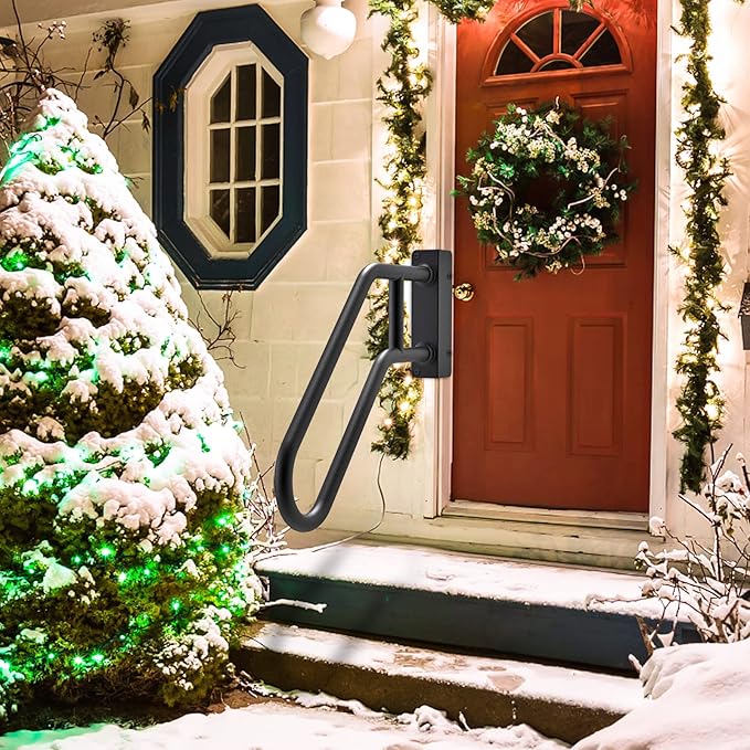 SELEWARE Heavy Duty 28" Handrails for Outdoor 1-3 Step, Non-Slip Door Jamb Corner Wall Mount Stair Hand Railing Grab Bars, U-Shape Safety Handle for Garage, Porch, Garden (Left Handed, Dia 1.3" Pipe)