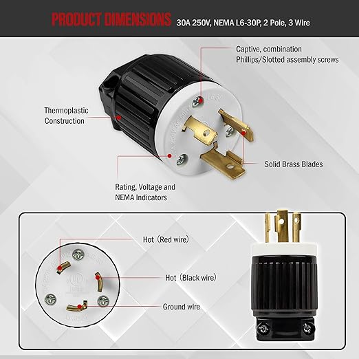 ENERLITES NEMA L6-30P Locking Plug Connector for Generator, Twist Lock Male Plug, 30 Amp, 250 Volt, 2 Pole, 3 Wire Grounding, Industrial Grade Heavy Duty, UL Listed, 66461-BK, Black