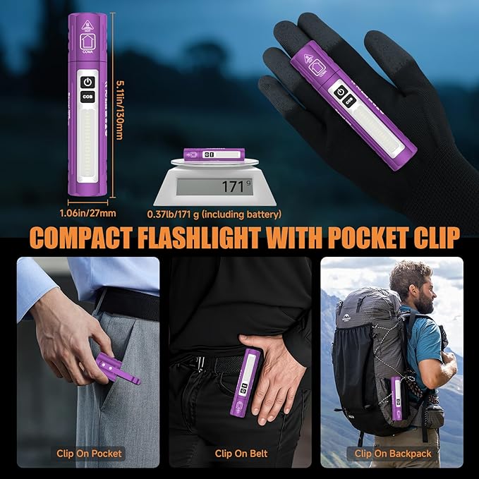 Rechargeable Tactical Flashlights High Lumens - Super Bright Small Powerful LED Magnetic USB C Flashlight, 8 Modes, Dual Button Waterproof Pocket Flash Light for Emergency, Car (2, Purple)