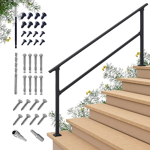 CHR Fence & Rail Hand Rails for Outdoor Steps, 6 Step Railing & Indoor Stair Railing Kit, Railings for Outdoor Steps and Hand Rails for Seniors for Porch Railing & Deck Hand Rail, 5-6 Step Handrail
